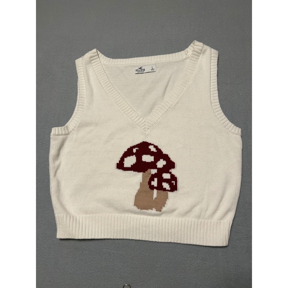 Hollister Mushroom Knit Sweater Vest Cream White V-Neck Cotton Cropped Large